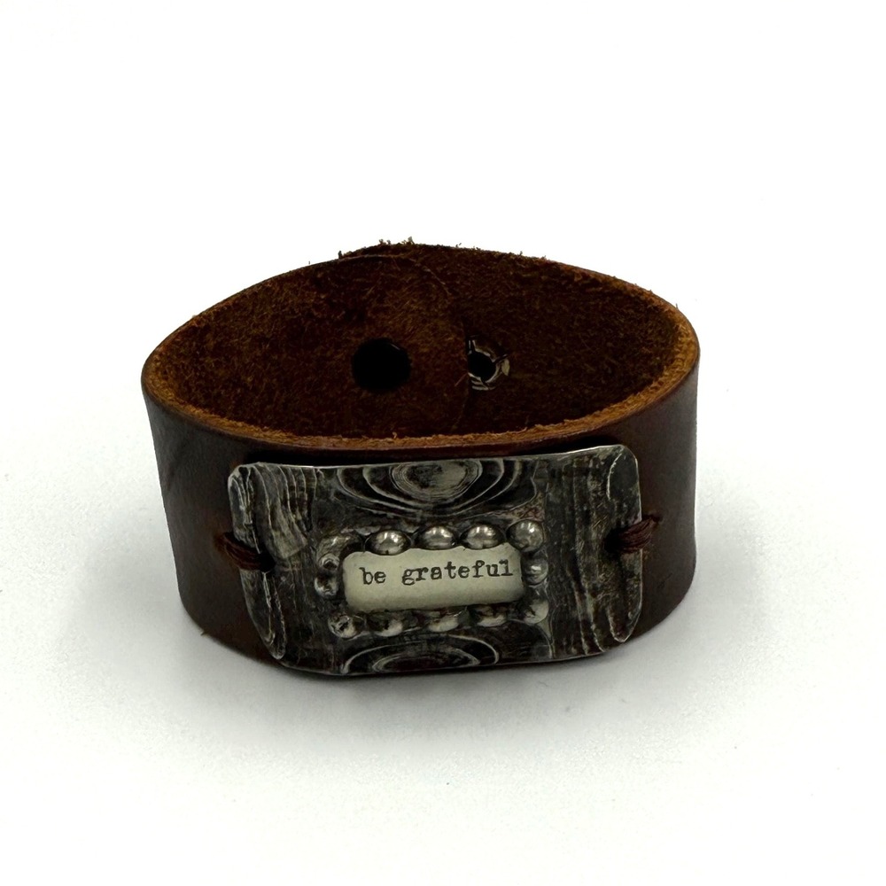 Leather Cuff Bracelet Be Grateful‎ Inspirational Brown Rustic